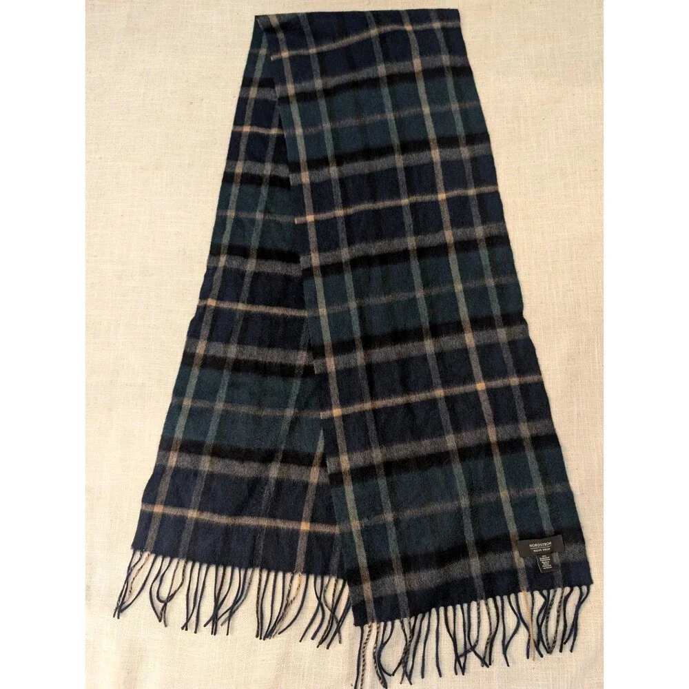 Nordstrom 100% Cashmere Men's Plaid Scarf Navy/Green Fringe 12